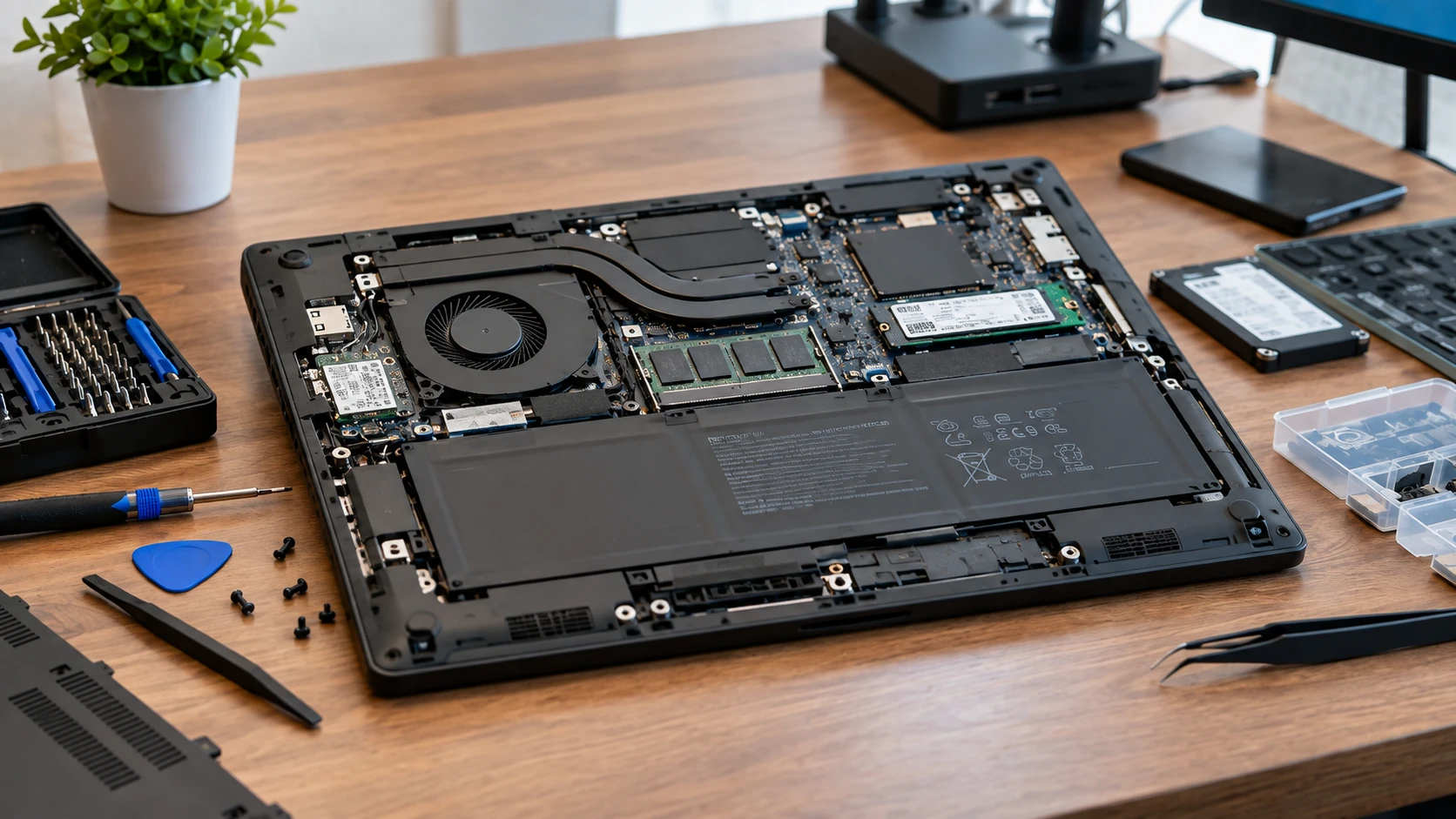 分解したノートパソコンと修理工具のイメージ